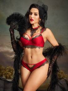 SHEIN 女士性感蕾丝拼布内衣套装，外出穿着 - 酒紅色 - 查看 1