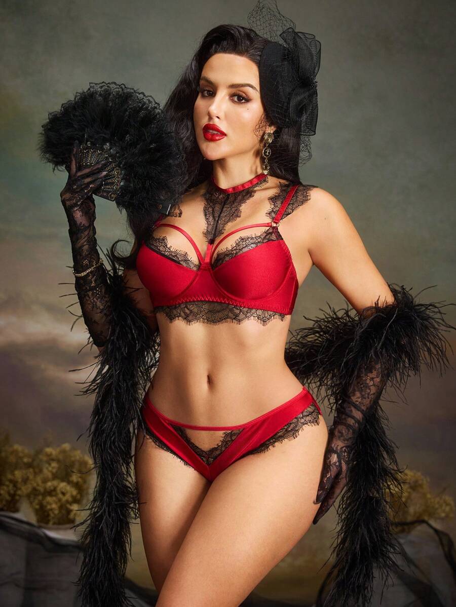 SHEIN 女士性感蕾丝拼布内衣套装，外出穿着 - 酒紅色 - 查看 1