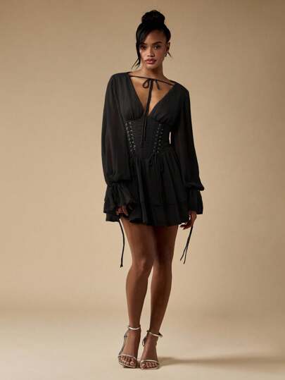 black and white polka dot dress shirt Lace Lure Corset Draped Black Mini Dress