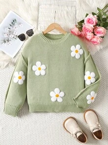 SHEIN 青少年女孩休闲时尚百搭可爱花朵装饰宽松舒适圆领套头衫，适合周末、休闲外出、返校、万圣节、圣诞节、新年、女孩毛衣、青少年毛衣、雏菊毛衣、秋冬花卉毛衣、秋季 Diothes、冬季 Cbothes - 薄荷綠 - 查看 3