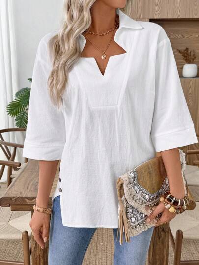 EMERY ROSE 女士休闲纯色侧开衩衬衫 女士V领衬衫 休闲夏季上衣 秋季女士外出上衣 女士外出上衣 冬季女士