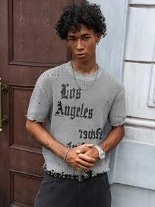 PAVTROS Manfinity Streetrush Blogger Design Rhinestone & English Text Print Casual Men's Vest Back To Shcool - Grey - View 5