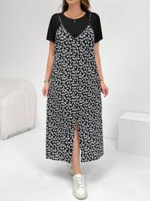 SHEIN Essnce 大码女式夏季两件套、连衣裙套装、短袖两件套、花裙套装、狂欢装扮节日飘逸连衣裙度假两件套 - 黑色 - 查看 6