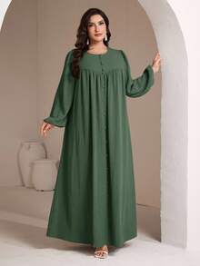 Veilorie Vestido elegante de unicolor estilo árabe para mujer de talla grande - Verde militar - Ver 3