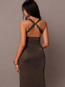 MaterniChic 孕妇装女士紧身蕾丝镂空花卉印花棕色金属扣高开衩连衣裙，适合春夏季度假