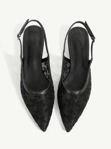 CUCCOO CHICEST 女士优雅百搭舒适黑色网眼蕾丝尖头低跟露跟平底鞋 - 黑色 - 查看 5