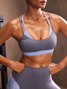 Powerista Damen Kontrast-Farbblock Sport-BH - Blau - Übersicht 4