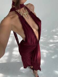 Aloruh 全新性感低胸褶皱开衩露背垂坠式领口连衣裙，带拖尾，派对/鸡尾酒会礼服 - 酒紅色 - 查看 4