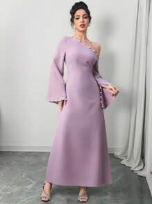 Yasmyna Elegant Ladies Asymmetric Collar Waist-Cinched Arabic Style Dress