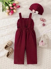 SHEIN Vintaside Kids 2pcs Baby Hooded Jumpsuit, Corduroy Embroidered 3D Floral Design Baby Girl Corduroy Overalls Baby Girl Flower Outfit Baby Girl Fall Outfit Baby Girl Winter Outfit Newborn Outfits For Girls