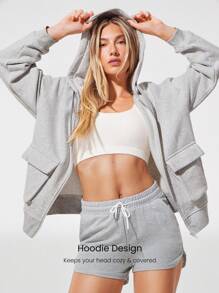 GLOWMODE Everyday Fleece Cool Cargo Soft Lightweight Cozy Oversized Cargo Pockets Zip Sweatshirt Daily Casual Fall Winter - Light Grey - View 3