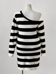 Sunspun New Comfortable Asymmetrical Neck Striped Long Sleeve Sweater Dress Fall Winter Cloth For Women Autumn