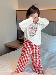 Dazy Kids 女婴圆领休闲字母印花长袖 T 恤、格子家居服、幼儿秋装 - 粉色 - 查看 4