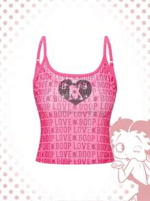 Betty Boop | ROMWE 2 件女式性感字母图案透视紧身吊带背心和短款上衣套装 - 粉色 - 查看 4