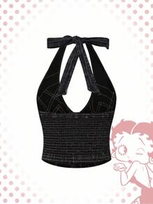 Betty Boop | ROMWE 复古西部牛仔女式系带性感短款牛仔上衣 - 藍色 - 查看 4