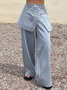 DAZY 女式休闲水洗牛仔裙裤两件套秋冬 - 藍色 - 查看 3