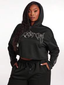SHEIN SXY Sudadera con capucha con aplicaciones de rhinestones para mujer de talla grande en otoño e invierno