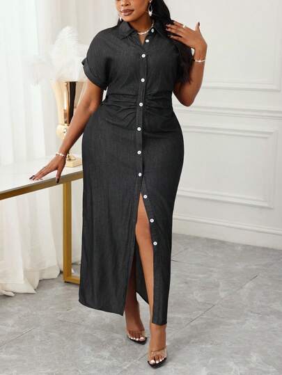 SHEIN Lady Plus Size Casual Solid Color Front Button Long Denim Dress  Casual Long Dress,Back To School Dress With Slit