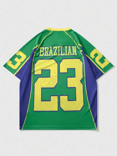 Prep T-shirt à manches courtes style blocs de couleurs américain unisexe