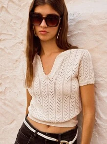 Maija Women's Summer Casual Solid Color Hollow Out Knit Short Sleeve Sweater Women Knitted Tops Summer Tops Crochet Top Women