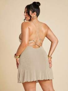 SHEIN BAE Váy ngắn in hoa cỡ lớn mùa hè mới cho nữ, váy đi biển cho kỳ nghỉ - Màu Khaki - Xem 2