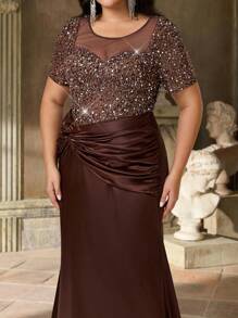 Aureia Plus Size Elegant Romantic Dark Brown Round Neck Sheer Sweetheart Neckline Luxury Beaded Hand-Embellished Sleeve Tassel Chain Satin Mermaid Hem With Train Dress, Suitable For Wedding, Party, Celebration Events, Formal Evening Gown - Coffee Brown - View 2
