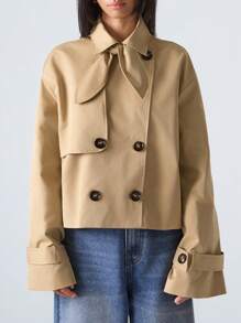 LYSMO Women's Khaki Tie Neck & Drop Shoulder Double Breasted Casual H-Line Trench Coat For Minimalist, Streetwear, Stockholm Style, 2025 Autumn Outerwear - Khaki - View 5