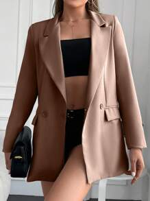 SHEIN Cottnline Lapel Collar Double Breasted Blazer - Khaki - View 5