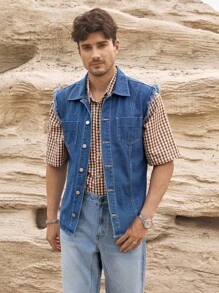 Manfinity Homme Áo vest denim sáng màu, viền tua rua, phong cách đường phố, xuân/hè - Rửa nhẹ - Xem 3