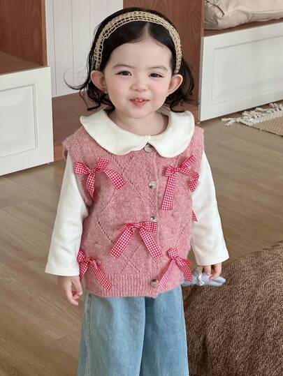 DAZY Baby Girl Bow Decor Korean Style Round Neck Vest, Baby Girl Cardigan Fall, Winter Toddler Girls Clothes