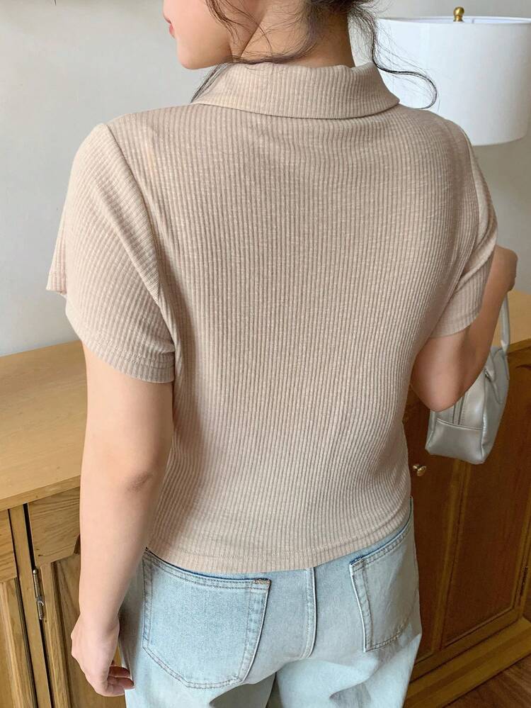 Dazy Plus Elastic Ribbed Collar Half-Open Bowknot Tie Short Sleeve Wrap Plus Size Women T-Shirt