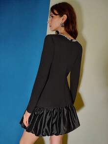 MOTF PREMIUM RHINESTONE DETAIL CONTRAST PUFF HEM SHORT DRESS , FALL WINTER