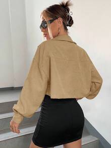 SHEIN EZwear 女士纯色落肩长袖单排扣休闲夹克灯芯绒夹克 Y2k 秋冬短款上衣夹克 - 駝色 - 查看 2