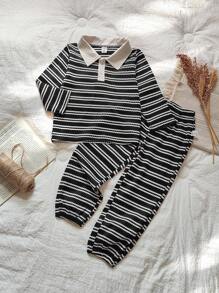 SHEIN 2 件儿童条纹休闲长袖套装，Polo 领 T 恤和裤子套装，适合秋季幼儿男孩 - 黑色 - 查看 4