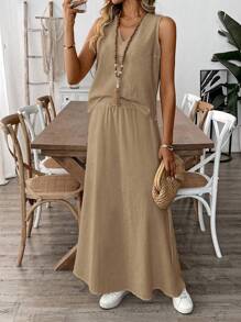 EMERY ROSE 1 Set Atasan Tanpa Lengan dan Rok Panjang Linen Warna Polos untuk Wanita - Khaki - View 7