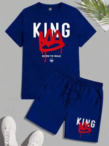 Manfinity Homme Men's Summer Letter Print Round Neck Short Sleeve Casual T-Shirt And Drawstring Waist Shorts Set