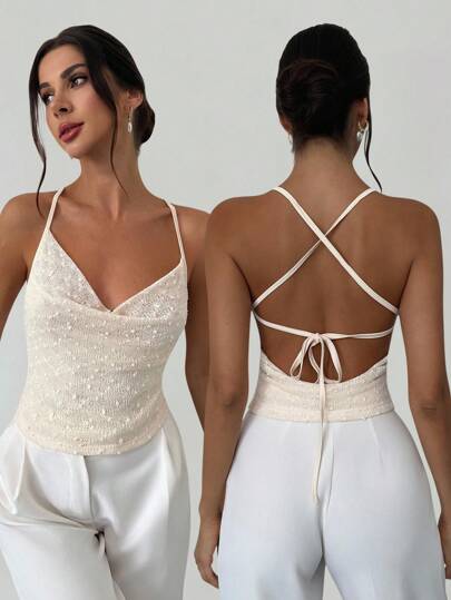 Firerie Elegante y estilosa parte superior de tirantes cruzados con escote bajo y espalda descubierta, con textura y cordones, para mujer. Color albaricoque, ideal para primavera/verano, playa, ir a trabajar, de fiesta, vacaciones, estilo bohemio, Hawái, festivales de música.