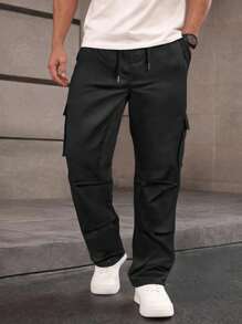 Manfinity Roughcore Men's Solid Color Drawstring Waist Multi-Pocket Casual Cargo Pants, Fall