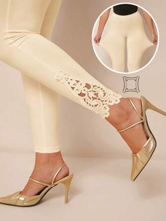 Amorya Leggings slim ajustés pour femmes avec empiècements en dentelle de couleur unie