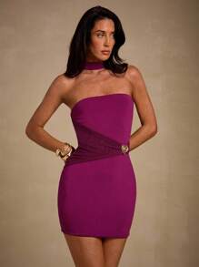 Glamine Sexy Purple Color Halter Neck Sleeveless Asymmetrical Dress,Birthday Outfits,Date Night Outfits,Club Dress,Rave Outfits Festival,Streetwear,Going Out Outfits,Elegant Skirt,Early Autumn Dress - Red Violet - View 4
