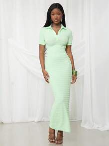 NYA SZN Dress Maxi Spring Collared Short Sleeve Textured Fitted Festival Summer Maxi Day Vacation Modest Spring Break Graduation Wedding Guest Special Occasion Bridal Dinner Prom Statement Festival Outfits For Women - Green - View 6