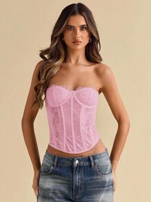 SHEIN BAE 女士夏季海滩度假优雅弹力蕾丝文胸罩杯上衣紧身胸衣上衣音乐会服装表演服装音乐节服装、音乐会女士、乡村音乐会、俱乐部、性感 - 淺粉色 - 查看 6