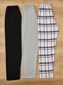 Conjunto de 3 piezas de pantalones de pijama con estampado de letras, cuadros y unicolor para mujer, ropa de otoño e invierno - Multicolor - Ver 2