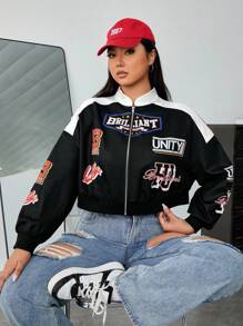 SHEIN EZwear 大码女式彩色块字母印花短款夹克 - 黑與白 - 查看 3