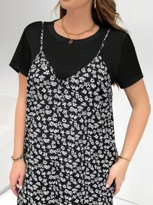 SHEIN Essnce 大码女式夏季两件套、连衣裙套装、短袖两件套、花裙套装、狂欢装扮节日飘逸连衣裙度假两件套 - 黑色 - 查看 7