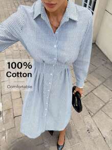 Siren Gaze 女士秋季连衣裙 返校教师装 女士商务休闲飘逸纽扣连衣裙 女士条纹长袖单排扣休闲百褶衬衫裙 - 藍色 - 查看 1
