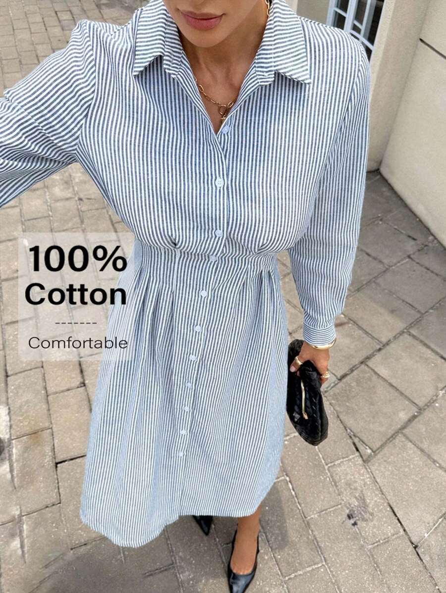 Siren Gaze 女士秋季连衣裙 返校教师装 女士商务休闲飘逸纽扣连衣裙 女士条纹长袖单排扣休闲百褶衬衫裙 - 藍色 - 查看 1