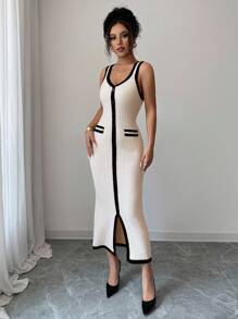 Elenzga Váy yếm dệt kim cài nút phía trước thanh lịch dành cho nữ - Màu be - Xem 5