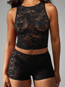 MISSGUIDED Elegant Lace Two Piece Set Crop Top High Waist Shorts Party Club Wear Festival Co Ord Outfit Summer Spring Occasion Wear - Black - View 4