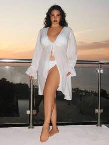 Slaysola Plus Size Solid Color Lace Patchwork Kimono Robe, Vacation & Beach For Summer